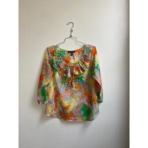 Lauren Ralph Lauren Multiocolor Paisley Cotton 3/4 Sleeve Ruffle Blouse